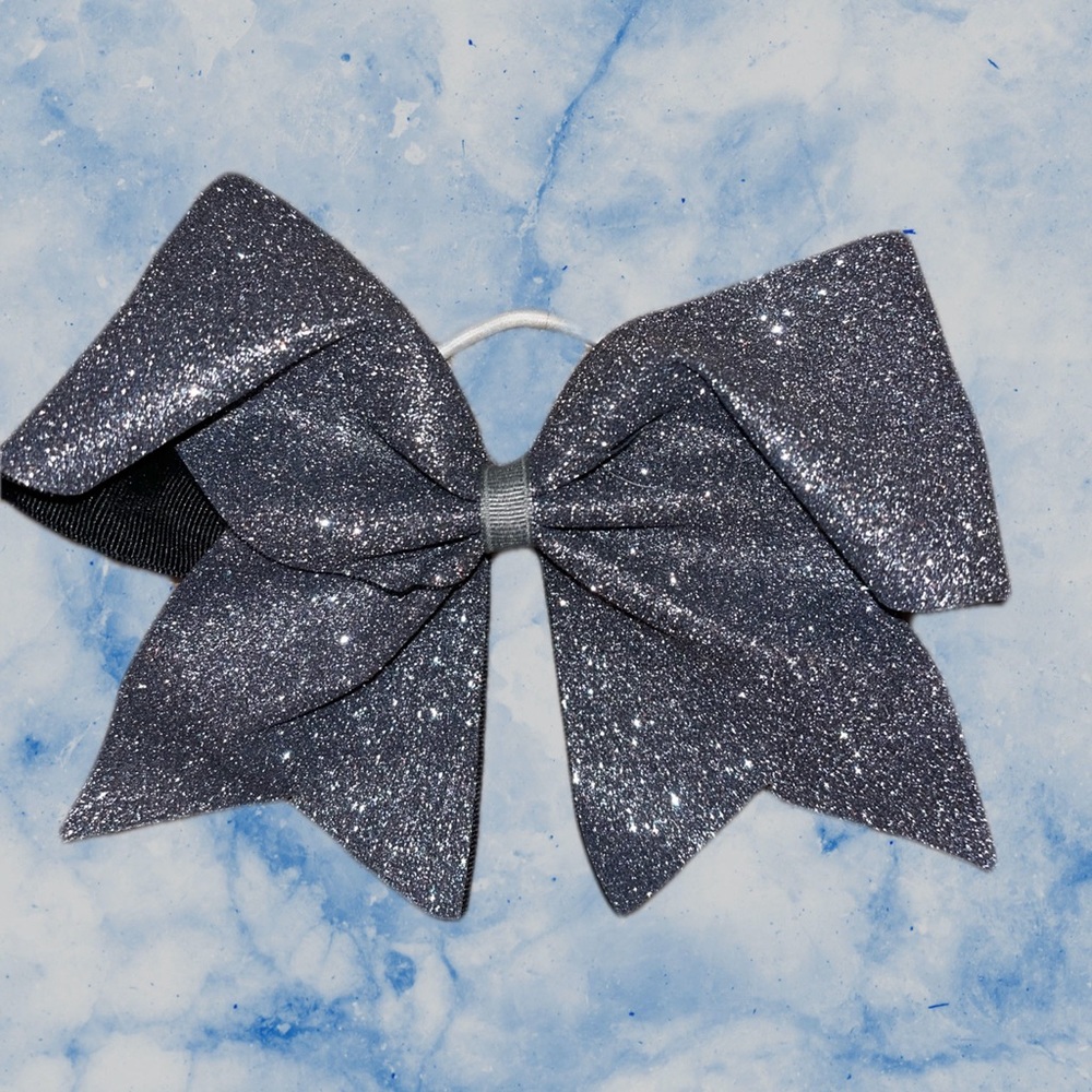 Silver glitter girl’s ponytail cheer bow